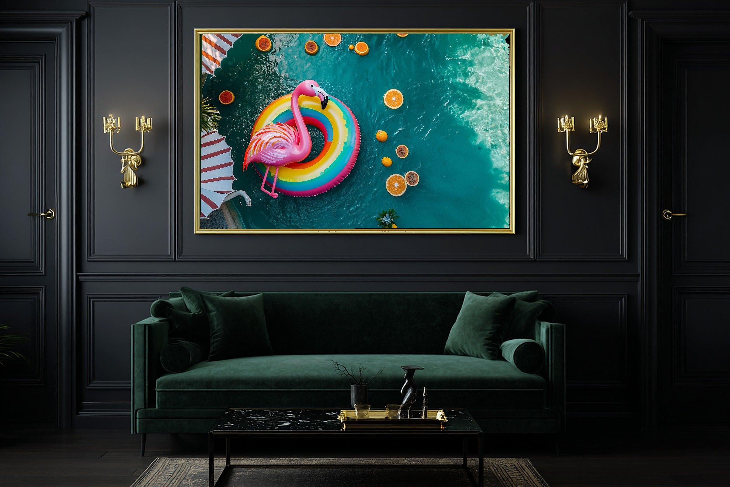 Bold Dopamine Pool Float Sunset — Maximalist Retro Wall Art, Warm Kitchen Decor, Stretched Canvas, Ready to Hang — dopamine-pool-float-sunset-office-wall-art.jpg