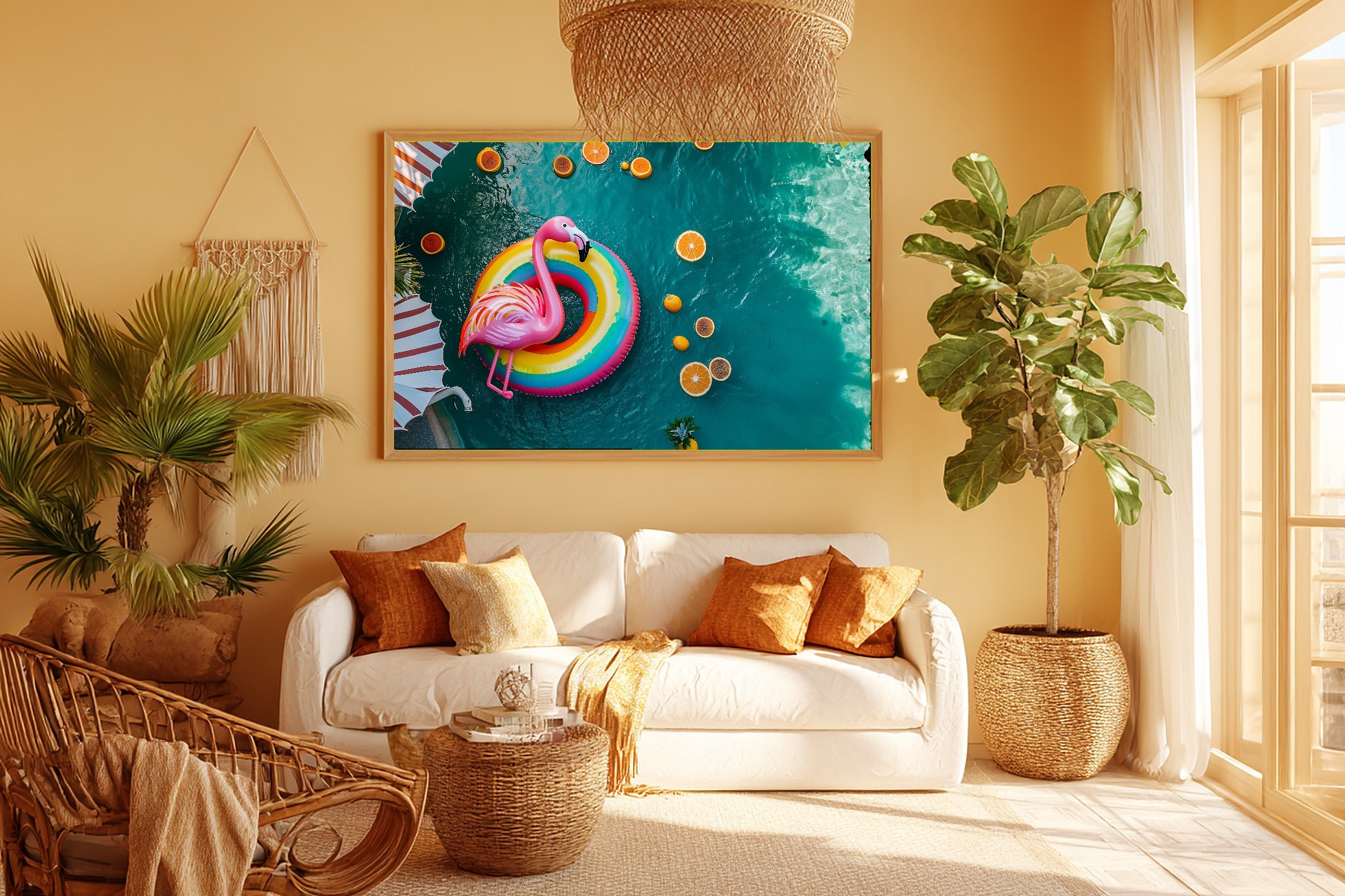 Bold Dopamine Pool Float Sunset — Maximalist Retro Wall Art, Warm Kitchen Decor, Stretched Canvas, Ready to Hang — dopamine-pool-float-sunset-room-5-wall-art.jpg
