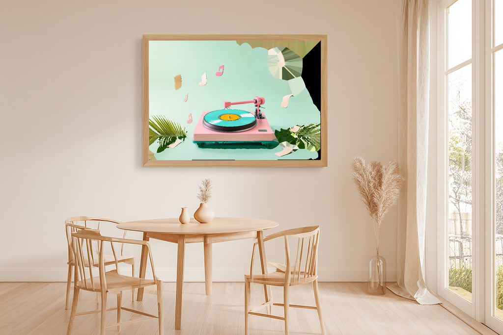 Bold Dopamine Record Player — Colourful Playful Wall Art, Warm Kitchen Decor, Stretched Canvas, Ready to Hang — dopamine-record-player-dining-room-wall-art.jpg