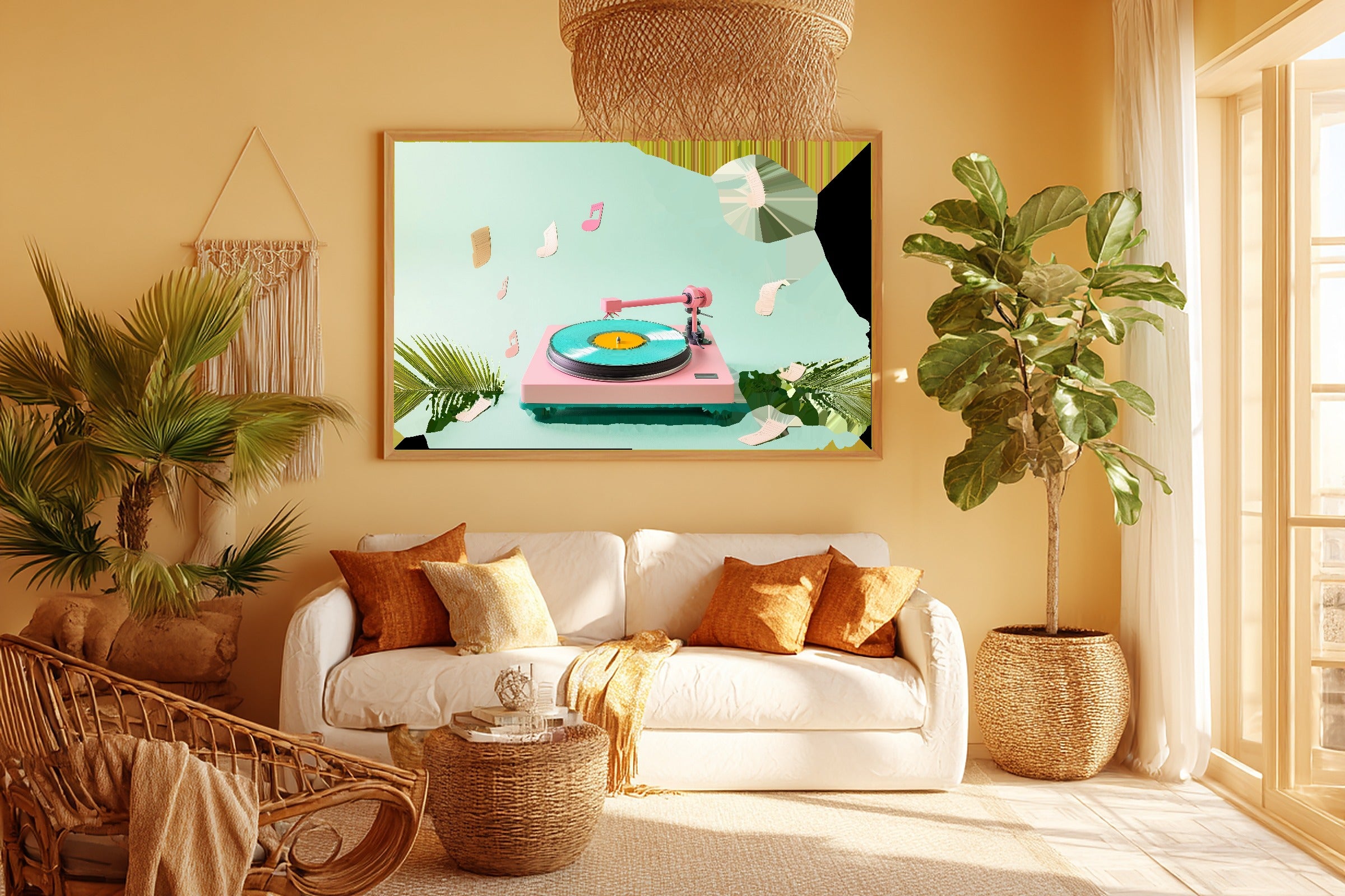 Bold Dopamine Record Player — Colourful Playful Wall Art, Warm Kitchen Decor, Stretched Canvas, Ready to Hang — dopamine-record-player-room-5-wall-art.jpg