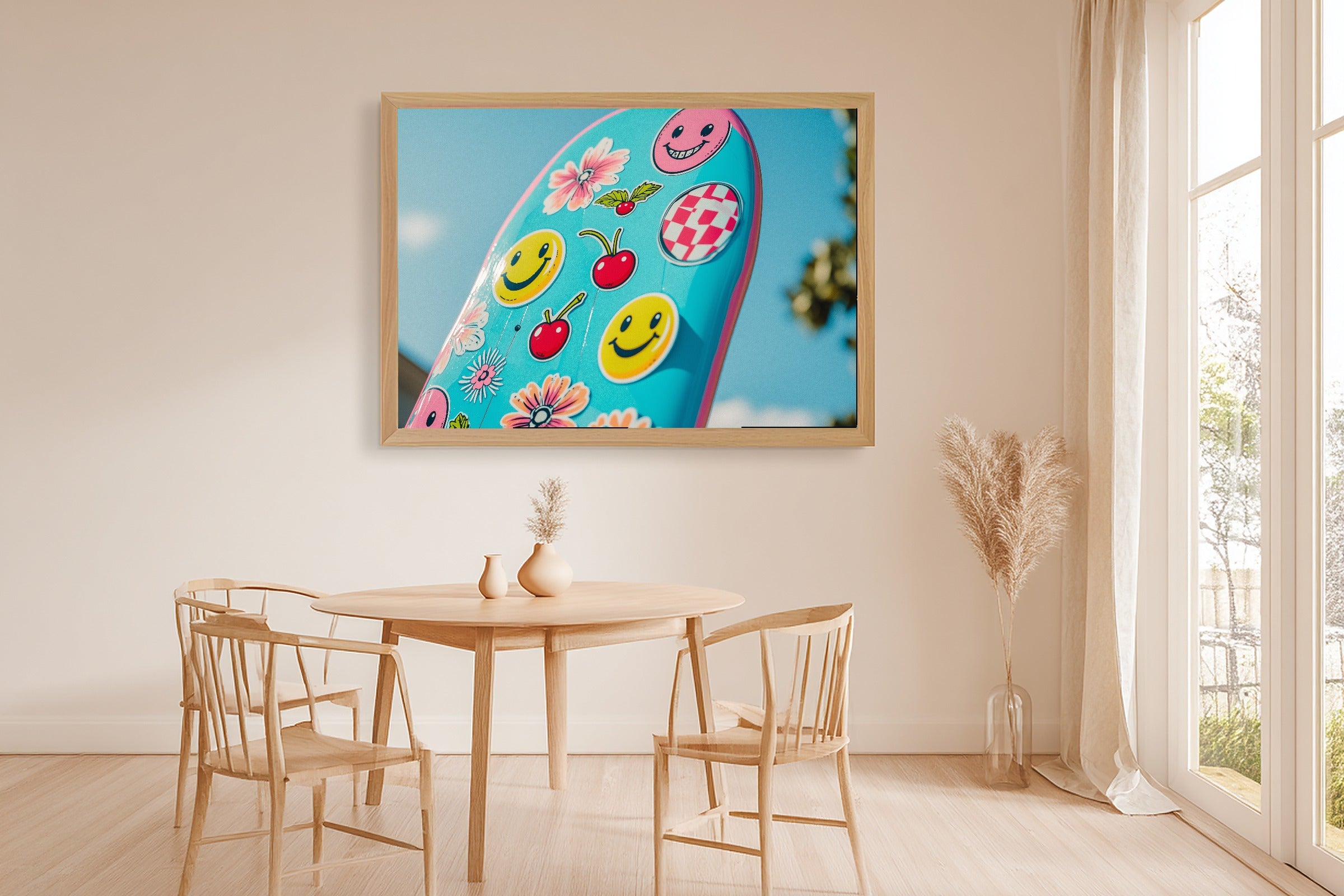 A Dreamy Dopamine Skateboard Sticker Bold Mid-Century Print — Stunning Wall Art for the Kitchen, Giclée on Canvas — dopamine-skateboard-sticker-dining-room-wall-art.jpg