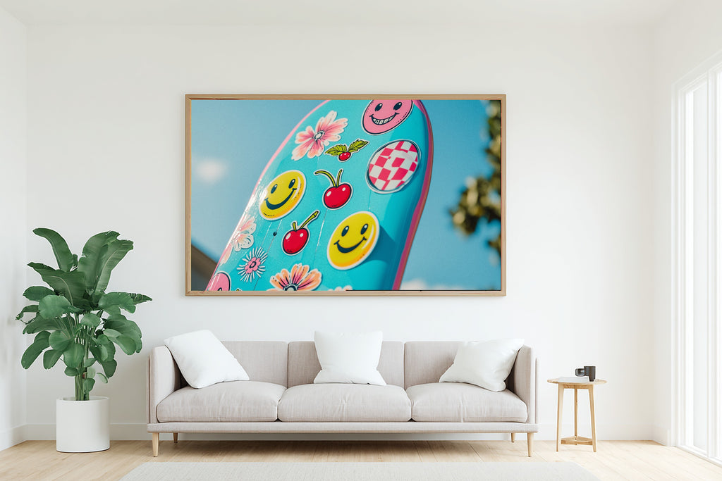 A Dreamy Dopamine Skateboard Sticker Bold Mid-Century Print — Stunning Wall Art for the Kitchen, Giclée on Canvas — dopamine-skateboard-sticker-living-room-wall-art.jpg