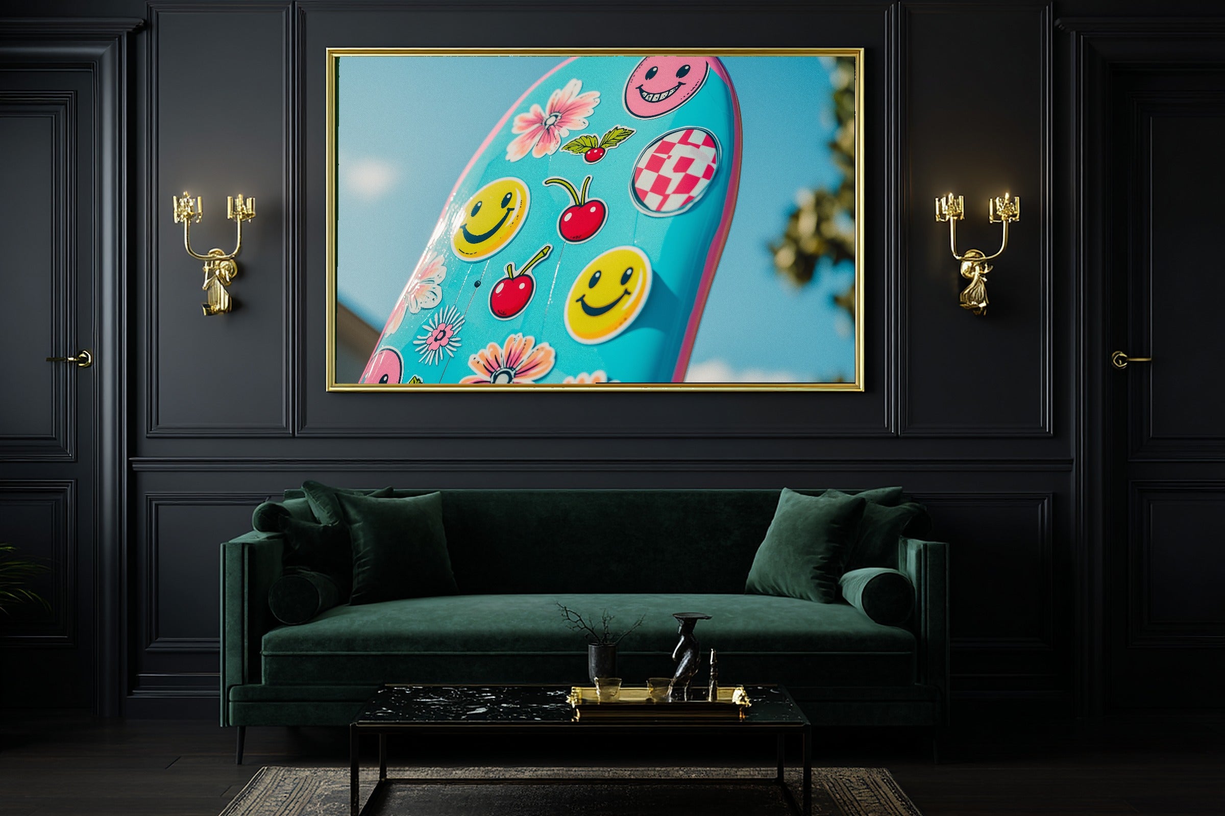 A Dreamy Dopamine Skateboard Sticker Bold Mid-Century Print — Stunning Wall Art for the Kitchen, Giclée on Canvas — dopamine-skateboard-sticker-office-wall-art.jpg