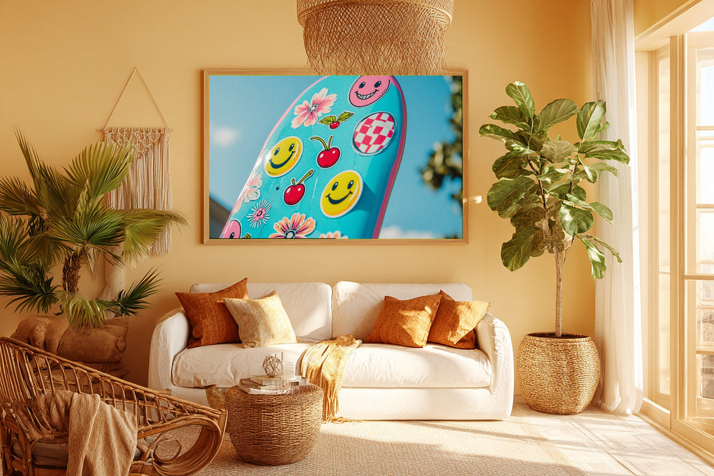 A Dreamy Dopamine Skateboard Sticker Bold Mid-Century Print — Stunning Wall Art for the Kitchen, Giclée on Canvas — dopamine-skateboard-sticker-room-5-wall-art.jpg