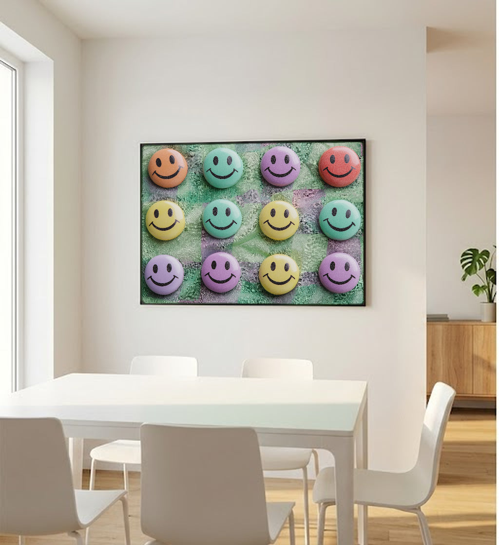 Smiley Tile Canvas Wall Art | Dopamine Checkerboard Print, Playful Room Decor, Stretched Canvas — dopamine-smiley-tile-bedroom-wall-art.jpg