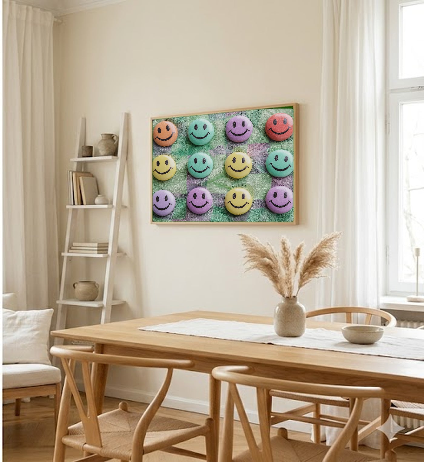 Smiley Tile Canvas Wall Art | Dopamine Checkerboard Print, Playful Room Decor, Stretched Canvas — dopamine-smiley-tile-dining-room-wall-art.jpg