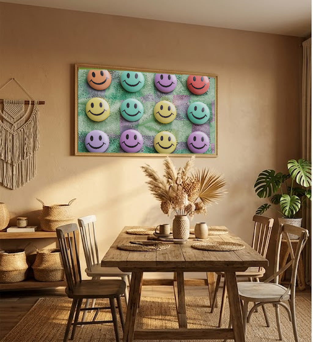 Smiley Tile Canvas Wall Art | Dopamine Checkerboard Print, Playful Room Decor, Stretched Canvas — dopamine-smiley-tile-hallway-wall-art.jpg