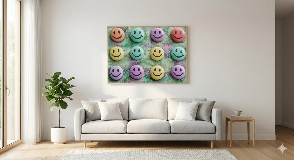 Smiley Tile Canvas Wall Art | Dopamine Checkerboard Print, Playful Room Decor, Stretched Canvas — dopamine-smiley-tile-living-room-wall-art.jpg