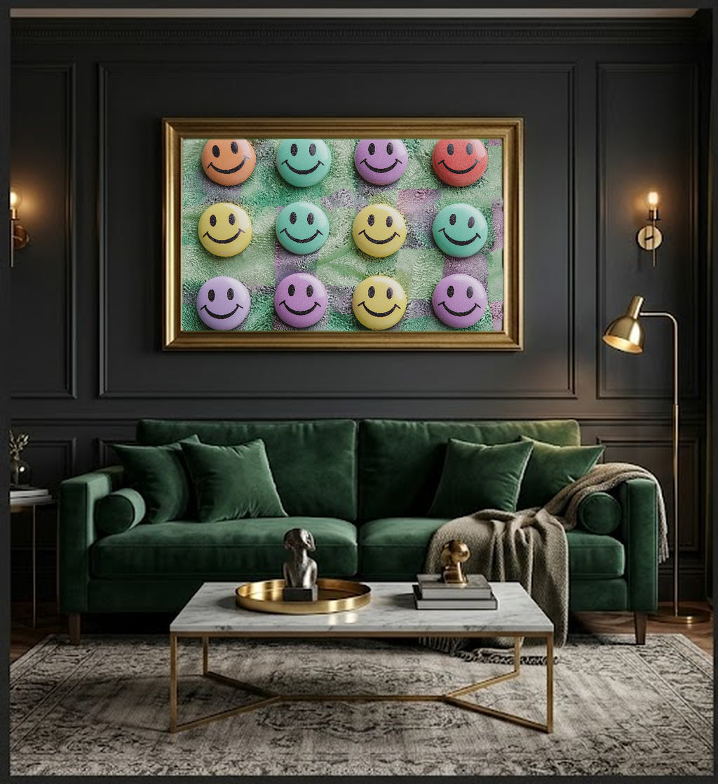 Smiley Tile Canvas Wall Art | Dopamine Checkerboard Print, Playful Room Decor, Stretched Canvas — dopamine-smiley-tile-office-wall-art.jpg