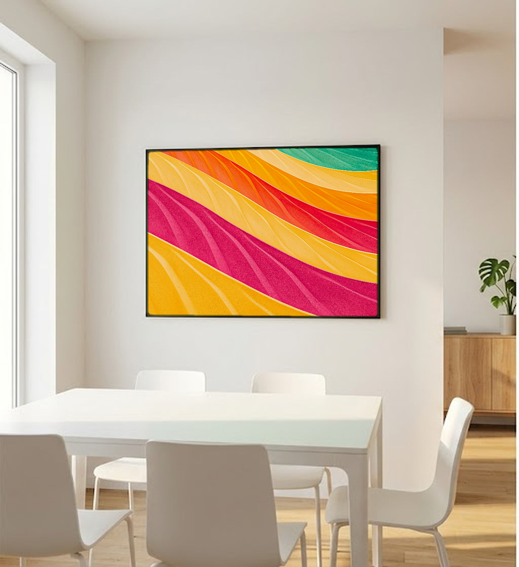 Wavy Stripe Canvas Wall Art | Dopamine Rainbow Abstract Print, Maximalist Decor, Stretched Canvas — dopamine-wavy-stripes-bedroom-wall-art.jpg