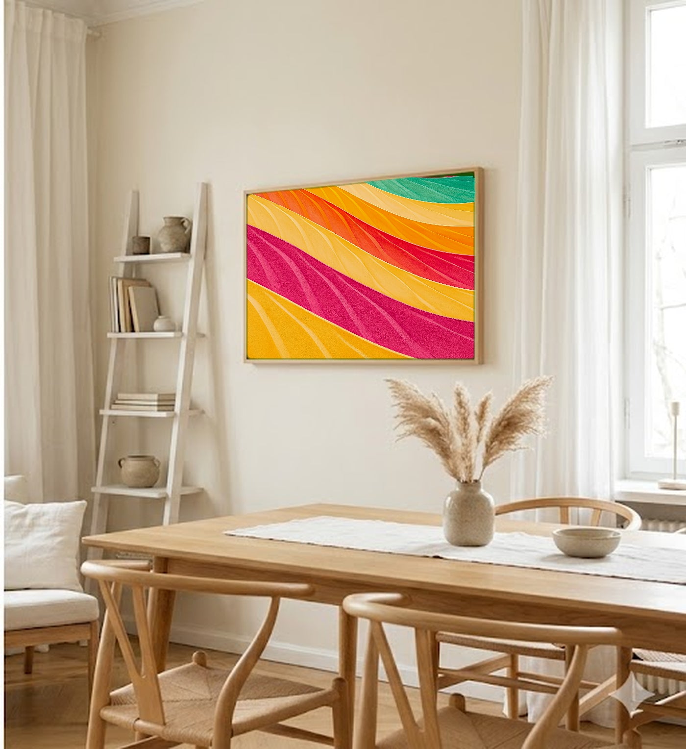 Wavy Stripe Canvas Wall Art | Dopamine Rainbow Abstract Print, Maximalist Decor, Stretched Canvas — dopamine-wavy-stripes-dining-room-wall-art.jpg