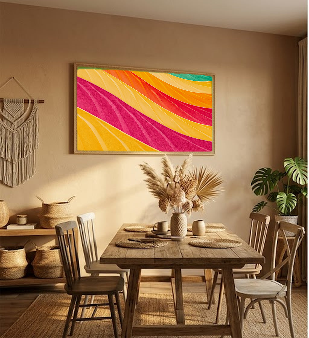 Wavy Stripe Canvas Wall Art | Dopamine Rainbow Abstract Print, Maximalist Decor, Stretched Canvas — dopamine-wavy-stripes-hallway-wall-art.jpg