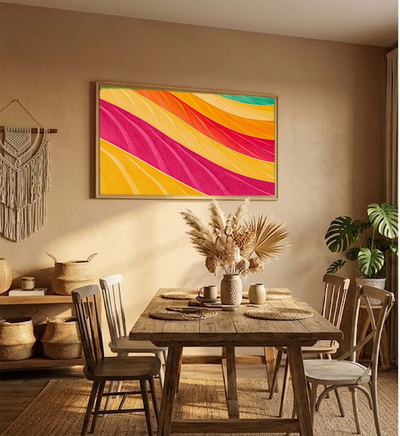 Wavy Stripe Canvas Wall Art | Dopamine Rainbow Abstract Print, Maximalist Decor, Stretched Canvas — dopamine-wavy-stripes-hallway-wall-art.jpg