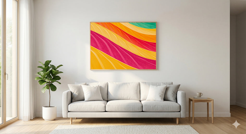 Wavy Stripe Canvas Wall Art | Dopamine Rainbow Abstract Print, Maximalist Decor, Stretched Canvas — dopamine-wavy-stripes-living-room-wall-art.jpg