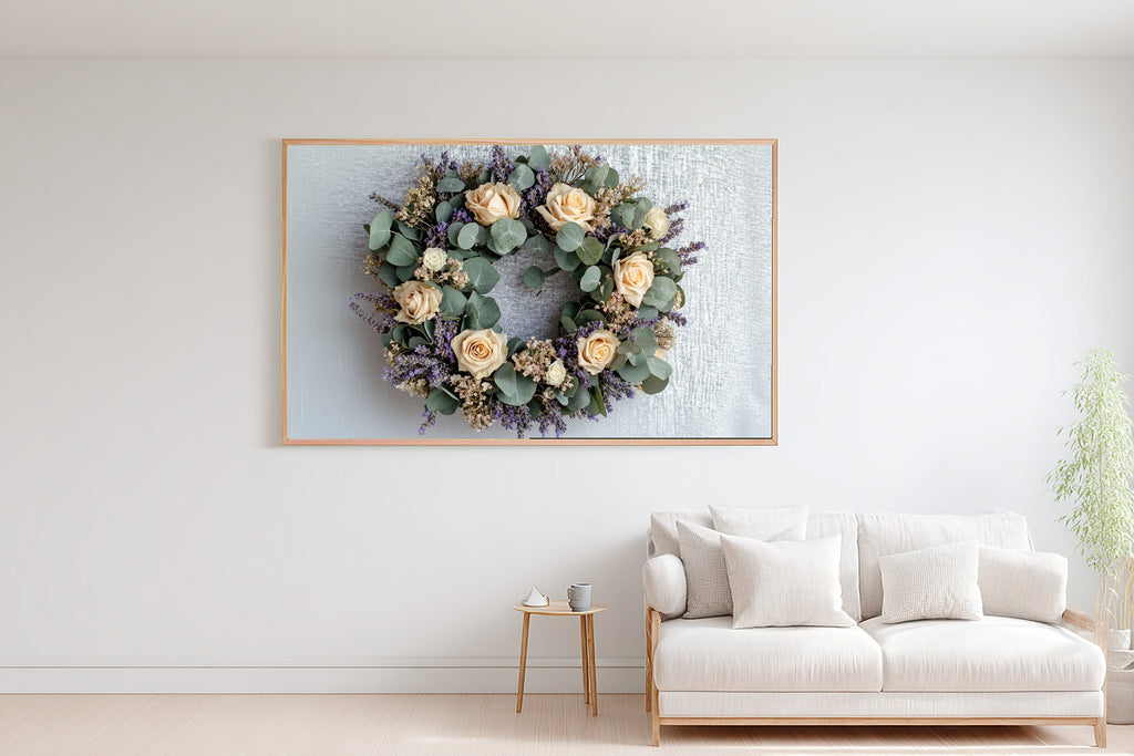 Dried Floral Wreath Linen Museum-Quality Canvas, Cozy Studio Decor Home Decor Print, Above-the-Living Room Decor, Gift Under 100 — dried-floral-wreath-linen-bedroom-wall-art.jpg