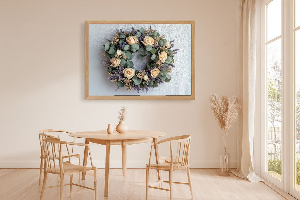 Dried Floral Wreath Linen Museum-Quality Canvas, Cozy Studio Decor Home Decor Print, Above-the-Living Room Decor, Gift Under 100 — dried-floral-wreath-linen-dining-room-wall-art.jpg