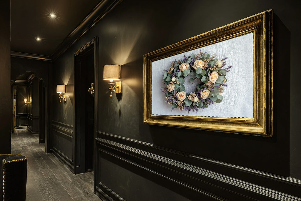 Dried Floral Wreath Linen Museum-Quality Canvas, Cozy Studio Decor Home Decor Print, Above-the-Living Room Decor, Gift Under 100 — dried-floral-wreath-linen-hallway-wall-art.jpg