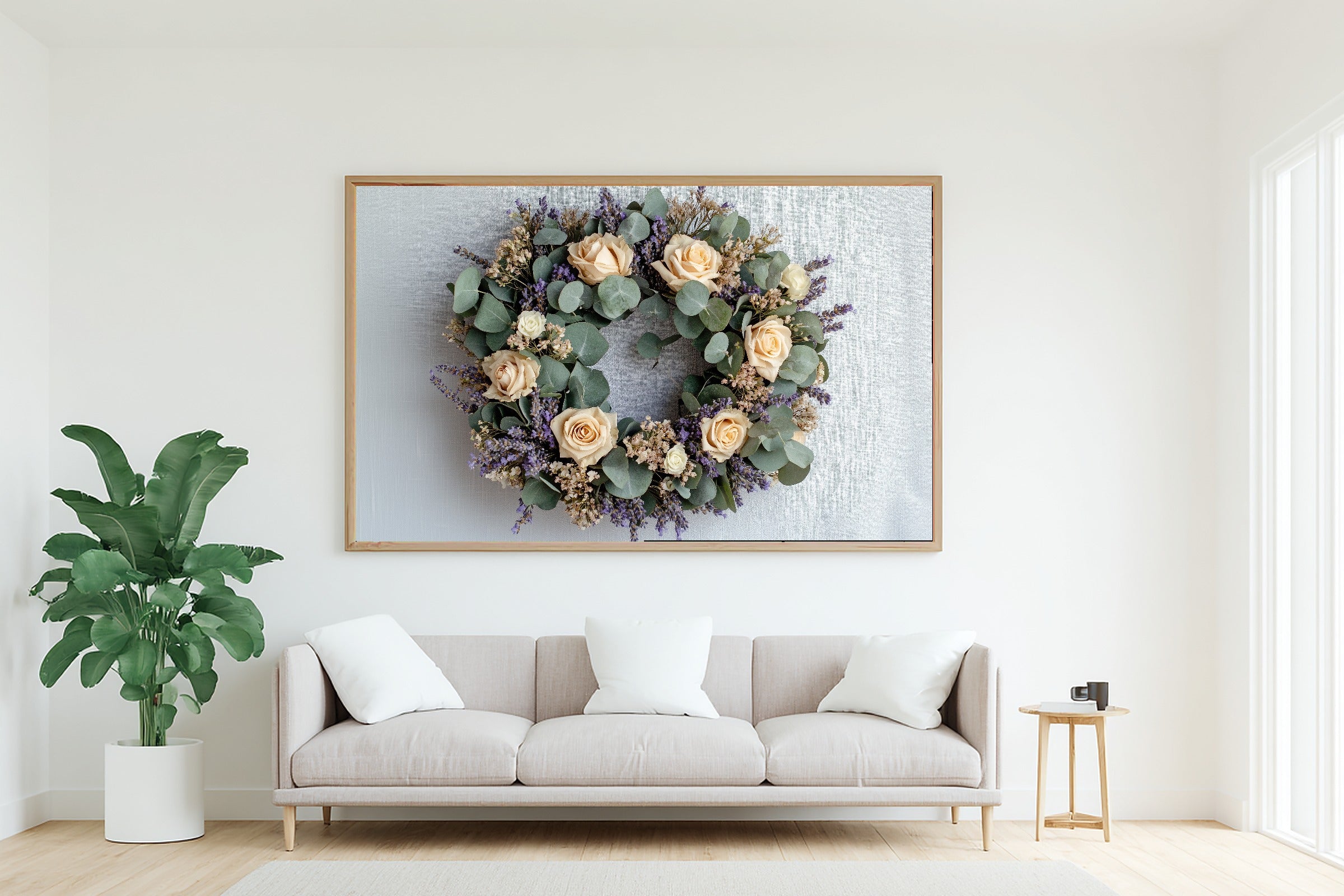 Dried Floral Wreath Linen Museum-Quality Canvas, Cozy Studio Decor Home Decor Print, Above-the-Living Room Decor, Gift Under 100 — dried-floral-wreath-linen-living-room-wall-art.jpg