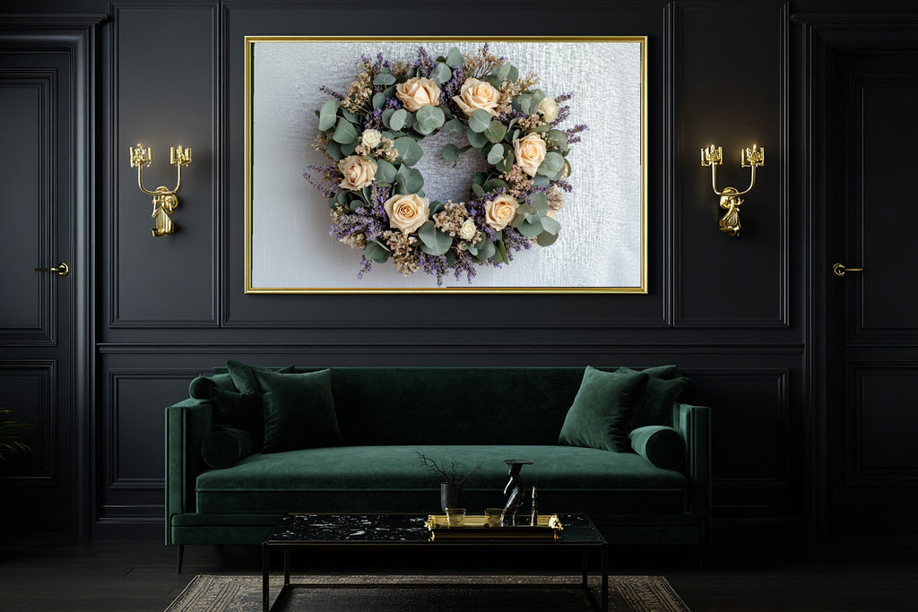 Dried Floral Wreath Linen Museum-Quality Canvas, Cozy Studio Decor Home Decor Print, Above-the-Living Room Decor, Gift Under 100 — dried-floral-wreath-linen-office-wall-art.jpg