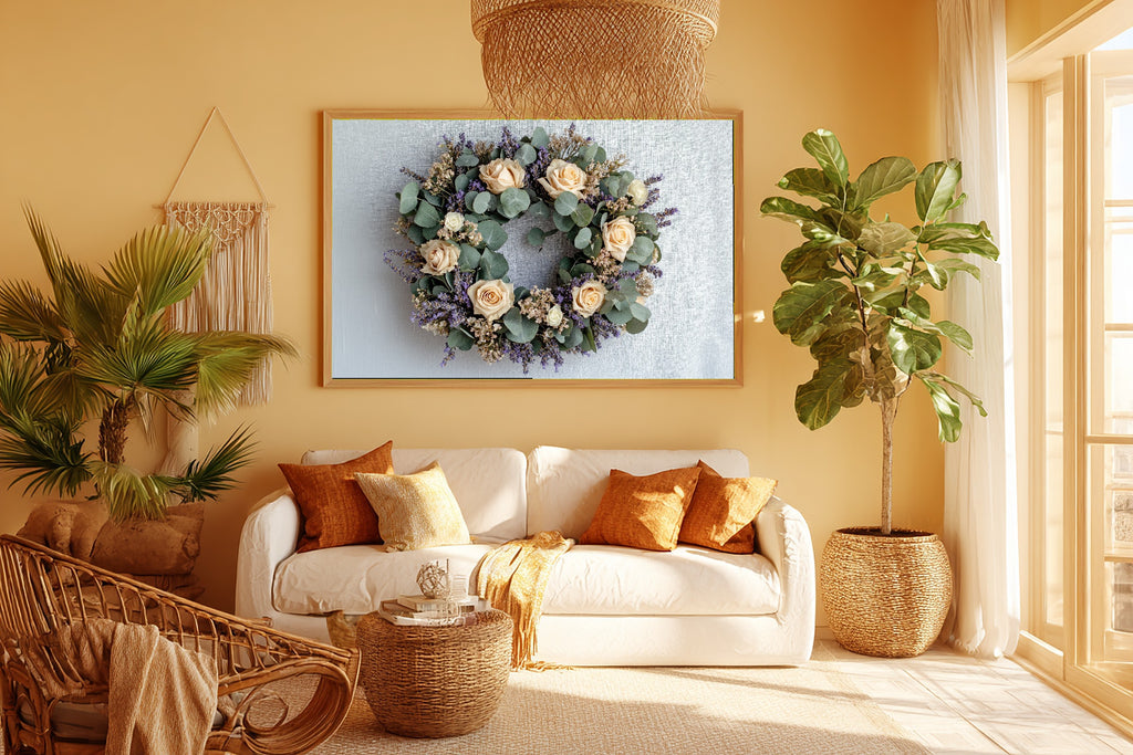 Dried Floral Wreath Linen Museum-Quality Canvas, Cozy Studio Decor Home Decor Print, Above-the-Living Room Decor, Gift Under 100 — dried-floral-wreath-linen-room-5-wall-art.jpg