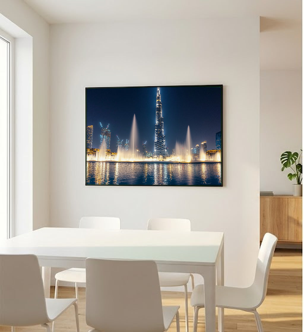 Dubai Burj Khalifa Canvas Wall Art | City Night Print, UAE Skyline, Modern Decor, Stretched Canvas — dubai-fountain-night-bedroom-wall-art.jpg