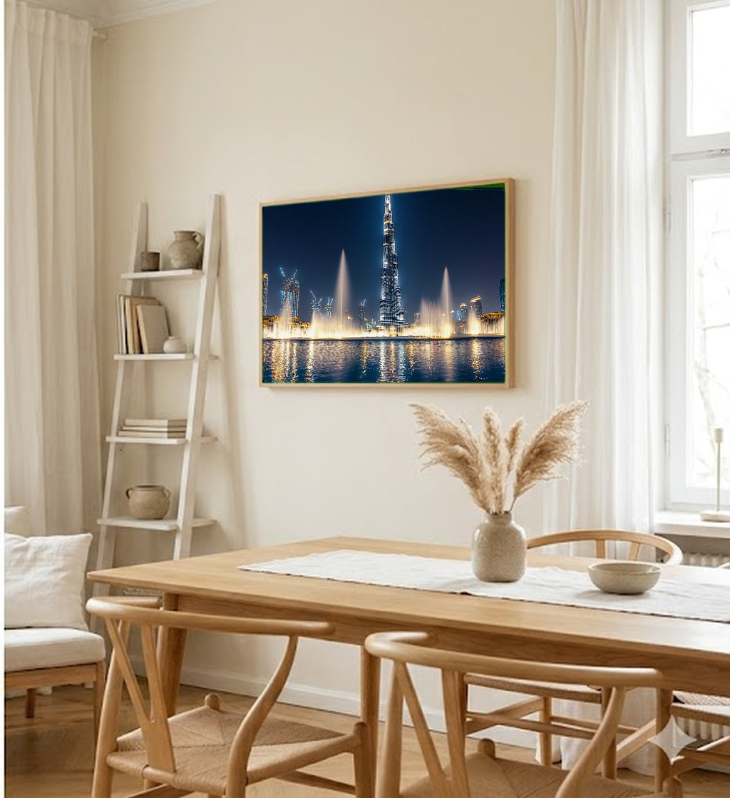 Dubai Burj Khalifa Canvas Wall Art | City Night Print, UAE Skyline, Modern Decor, Stretched Canvas — dubai-fountain-night-dining-room-wall-art.jpg