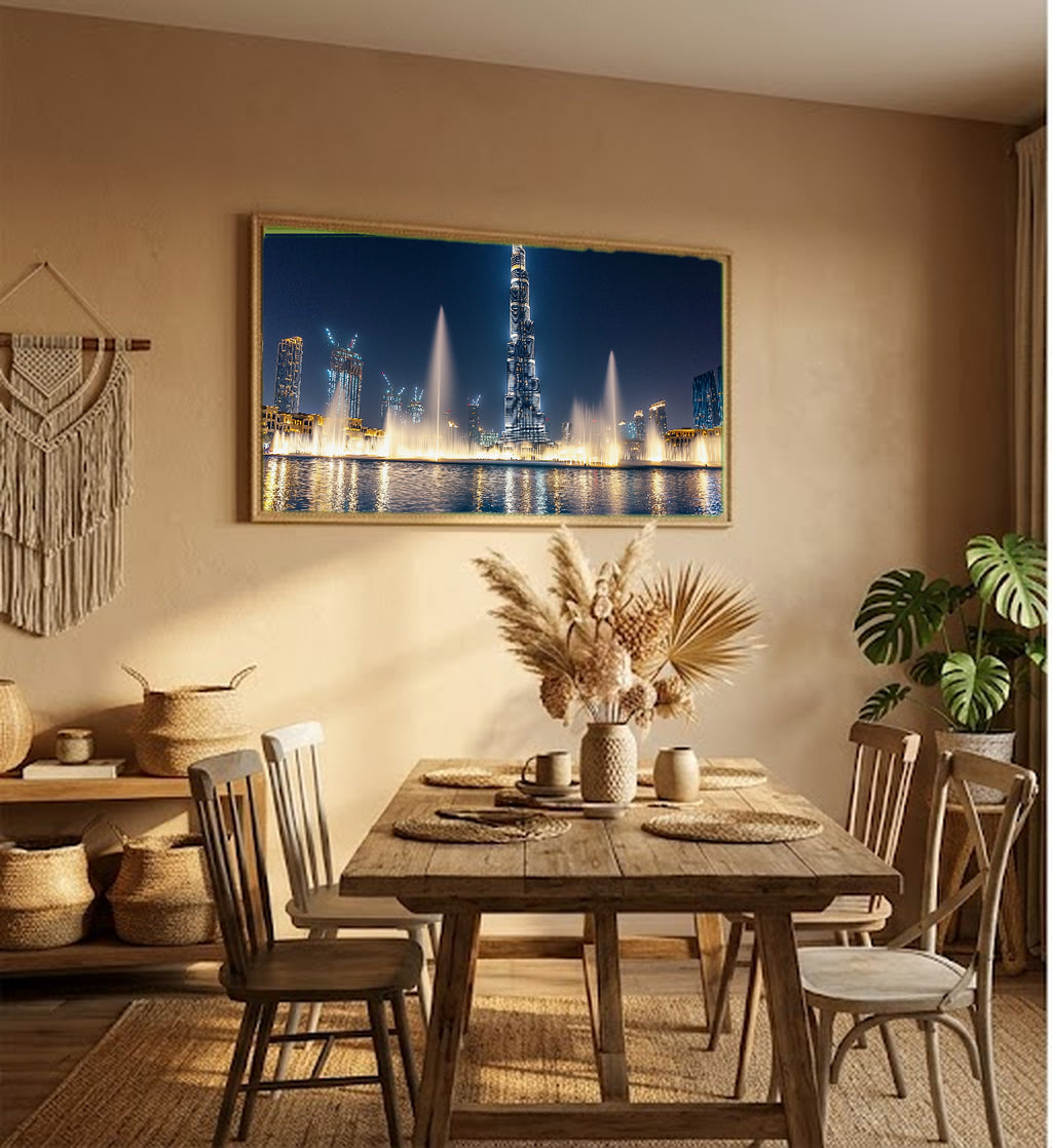 Dubai Burj Khalifa Canvas Wall Art | City Night Print, UAE Skyline, Modern Decor, Stretched Canvas — dubai-fountain-night-hallway-wall-art.jpg
