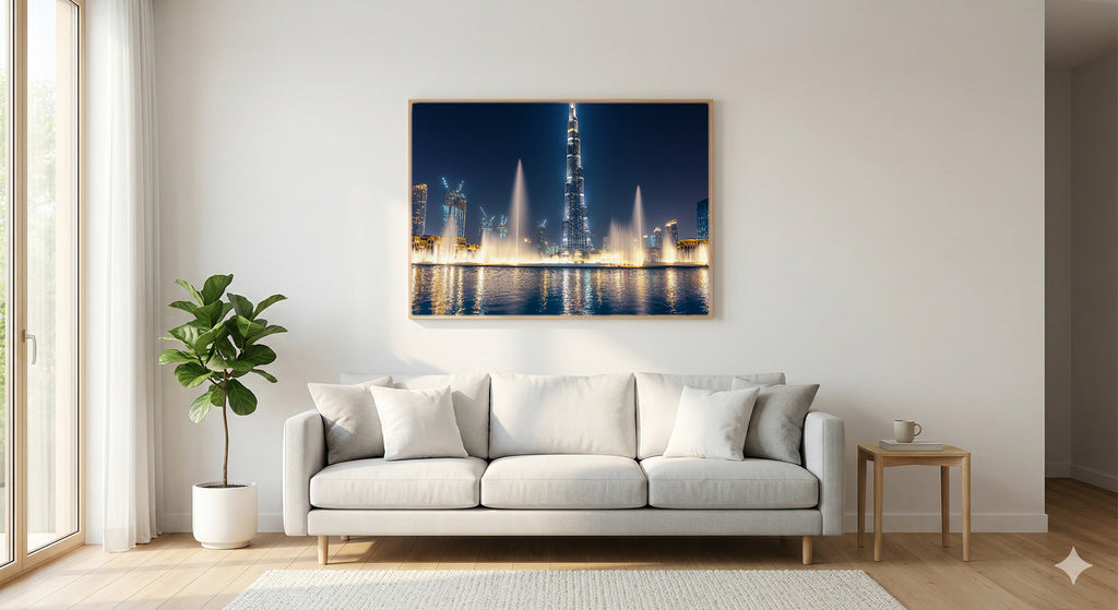 Dubai Burj Khalifa Canvas Wall Art | City Night Print, UAE Skyline, Modern Decor, Stretched Canvas — dubai-fountain-night-living-room-wall-art.jpg