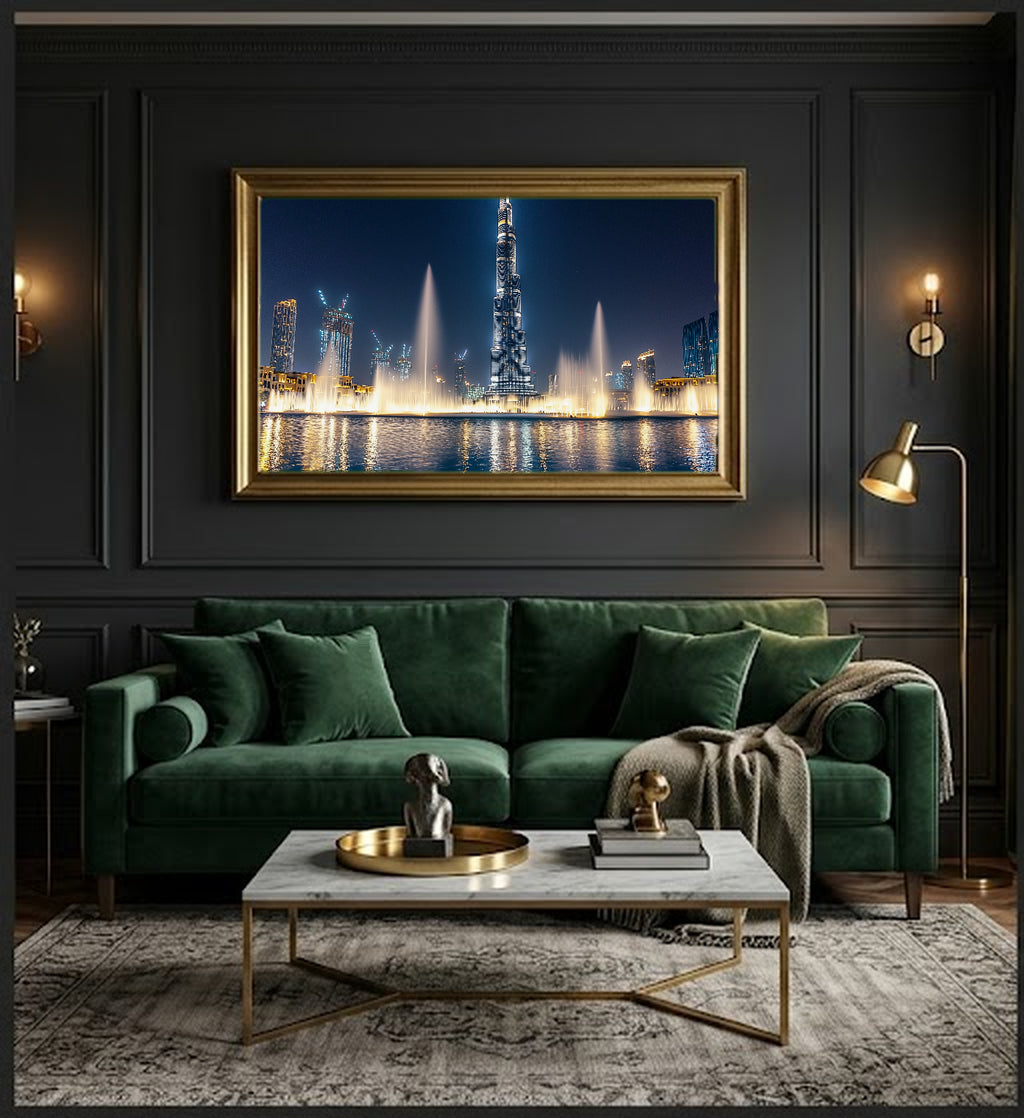 Dubai Burj Khalifa Canvas Wall Art | City Night Print, UAE Skyline, Modern Decor, Stretched Canvas — dubai-fountain-night-office-wall-art.jpg
