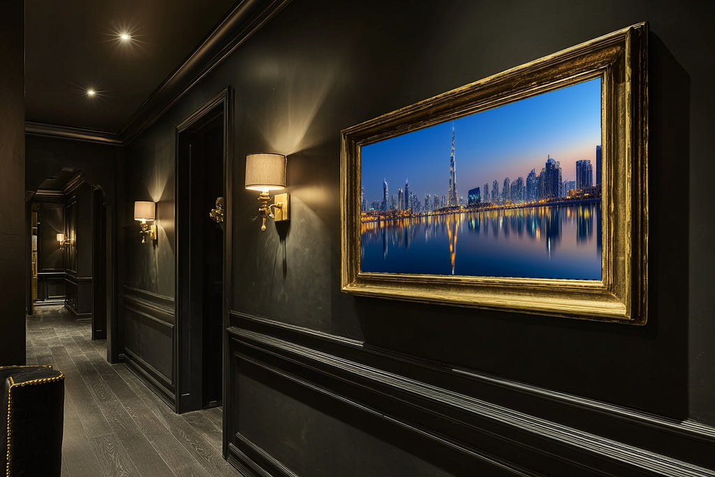 Timeless Dubai Skyline Night — Dreamy Metro Wall Art, Warm Modern Loft Decor, Stretched Canvas, Ready to Hang — dubai-skyline-night-hallway-wall-art.jpg