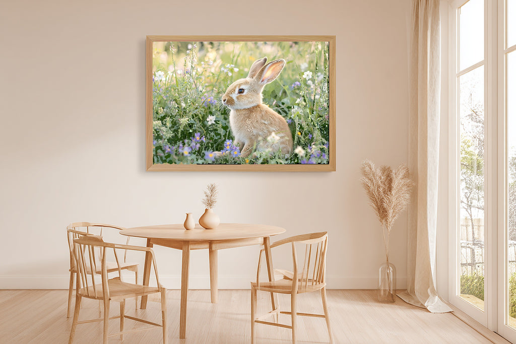 Calming Coastal Easter Bunny Field Wildflowers Art Print — Timeless Decor for the Beach House, Stretched Canvas the Coastal Soul Will Love — easter-bunny-field-wildflowers-dining-room-wall-art.jpg