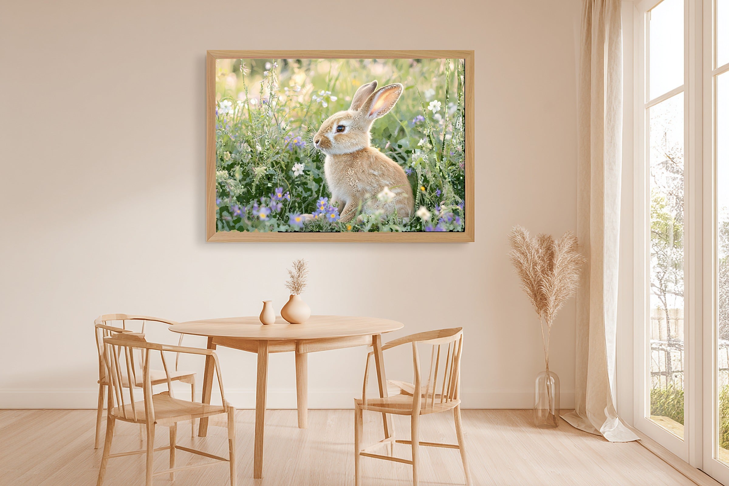 Calming Coastal Easter Bunny Field Wildflowers Art Print — Timeless Decor for the Beach House, Stretched Canvas the Coastal Soul Will Love — easter-bunny-field-wildflowers-dining-room-wall-art.jpg
