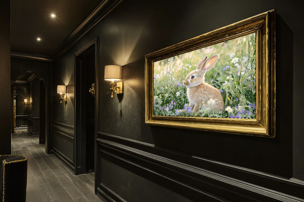 Calming Coastal Easter Bunny Field Wildflowers Art Print — Timeless Decor for the Beach House, Stretched Canvas the Coastal Soul Will Love — easter-bunny-field-wildflowers-hallway-wall-art.jpg