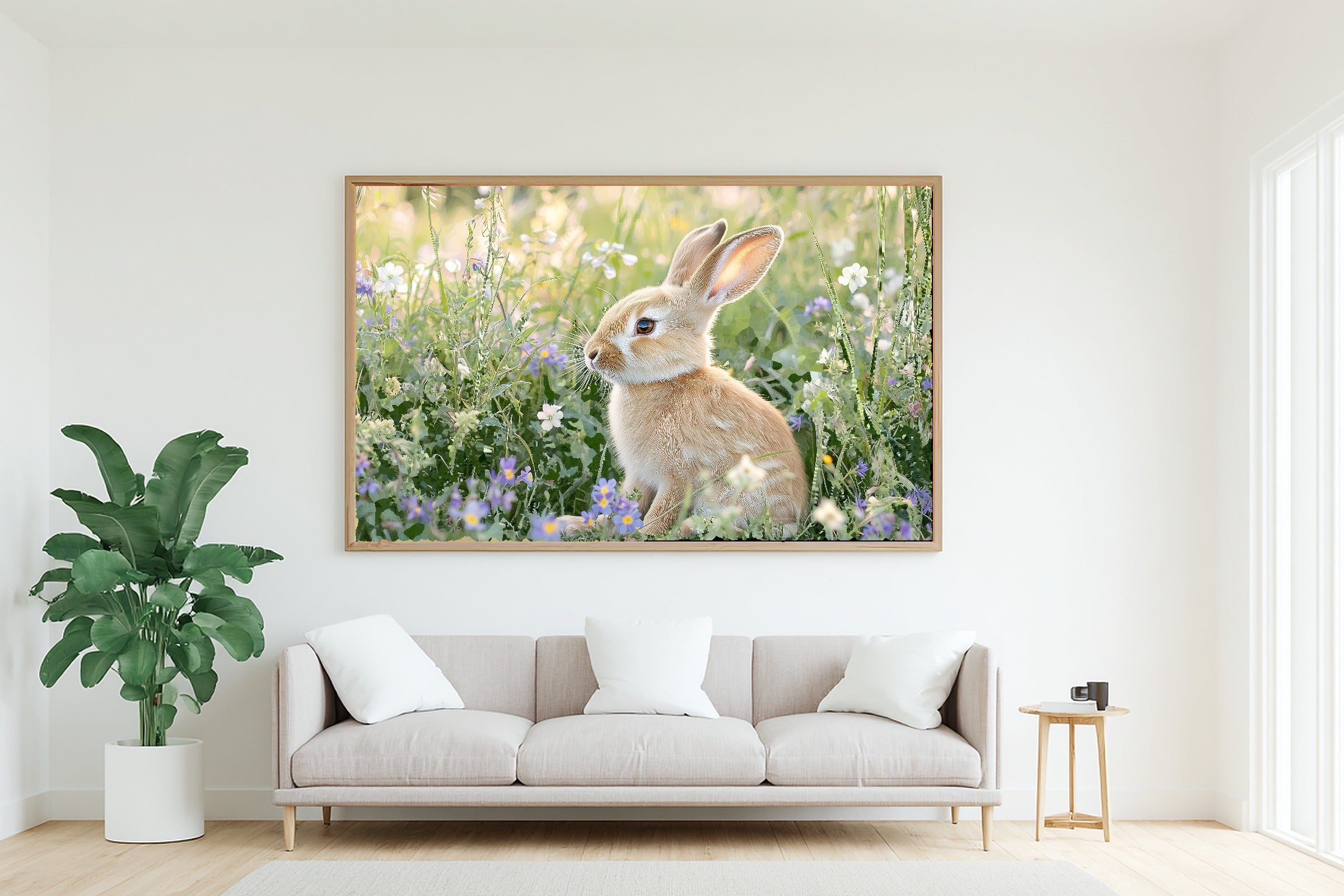 Calming Coastal Easter Bunny Field Wildflowers Art Print — Timeless Decor for the Beach House, Stretched Canvas the Coastal Soul Will Love — easter-bunny-field-wildflowers-living-room-wall-art.jpg