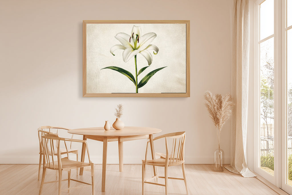 Hazy Tidal Easter Lily Botanical Plate Art Print — Timeless Decor for the Beach House, Stretched Canvas the Coastal Soul Will Love — easter-lily-botanical-plate-dining-room-wall-art.jpg