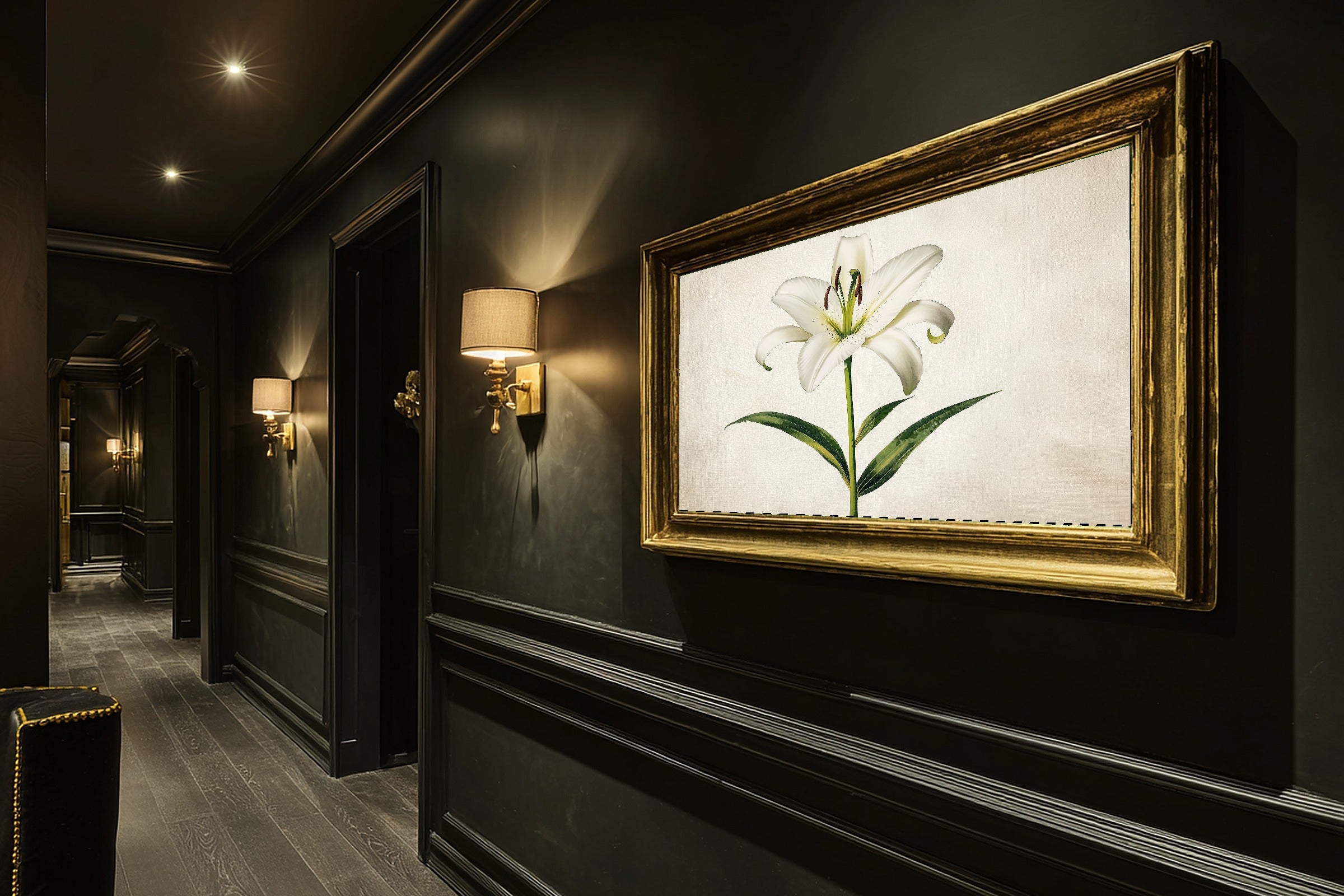Hazy Tidal Easter Lily Botanical Plate Art Print — Timeless Decor for the Beach House, Stretched Canvas the Coastal Soul Will Love — easter-lily-botanical-plate-hallway-wall-art.jpg