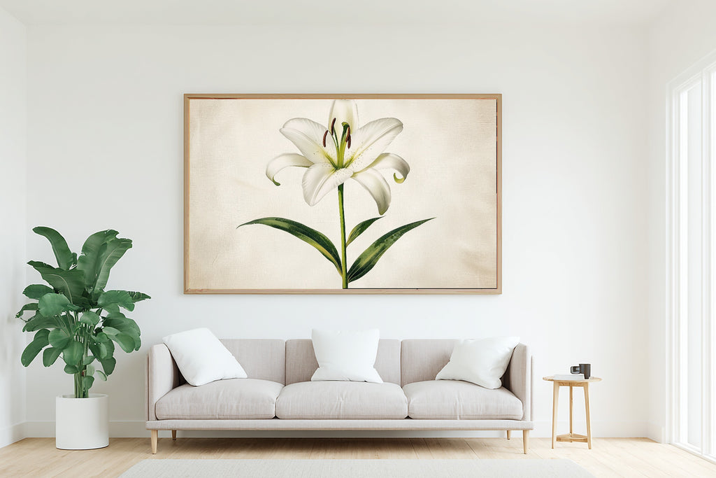 Hazy Tidal Easter Lily Botanical Plate Art Print — Timeless Decor for the Beach House, Stretched Canvas the Coastal Soul Will Love — easter-lily-botanical-plate-living-room-wall-art.jpg