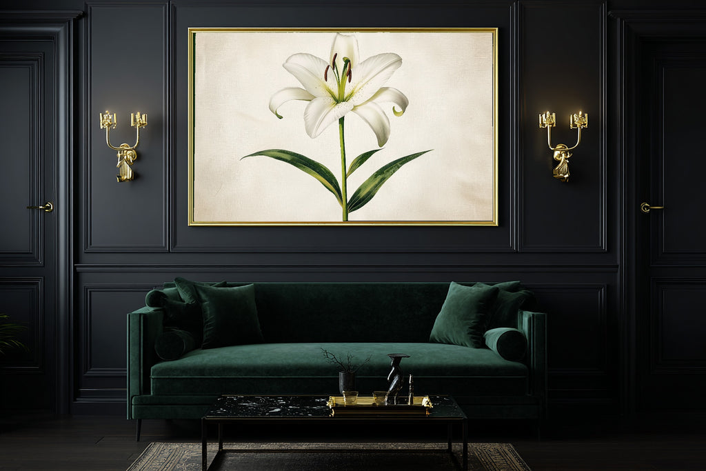 Hazy Tidal Easter Lily Botanical Plate Art Print — Timeless Decor for the Beach House, Stretched Canvas the Coastal Soul Will Love — easter-lily-botanical-plate-office-wall-art.jpg
