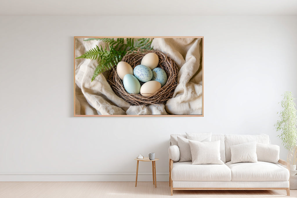 Dreamy Seaside Easter Speckled Eggs Nest Painterly Canvas Wall Art — Soft Tidal Print for the Beach House — easter-speckled-eggs-nest-painterly-bedroom-wall-art.jpg