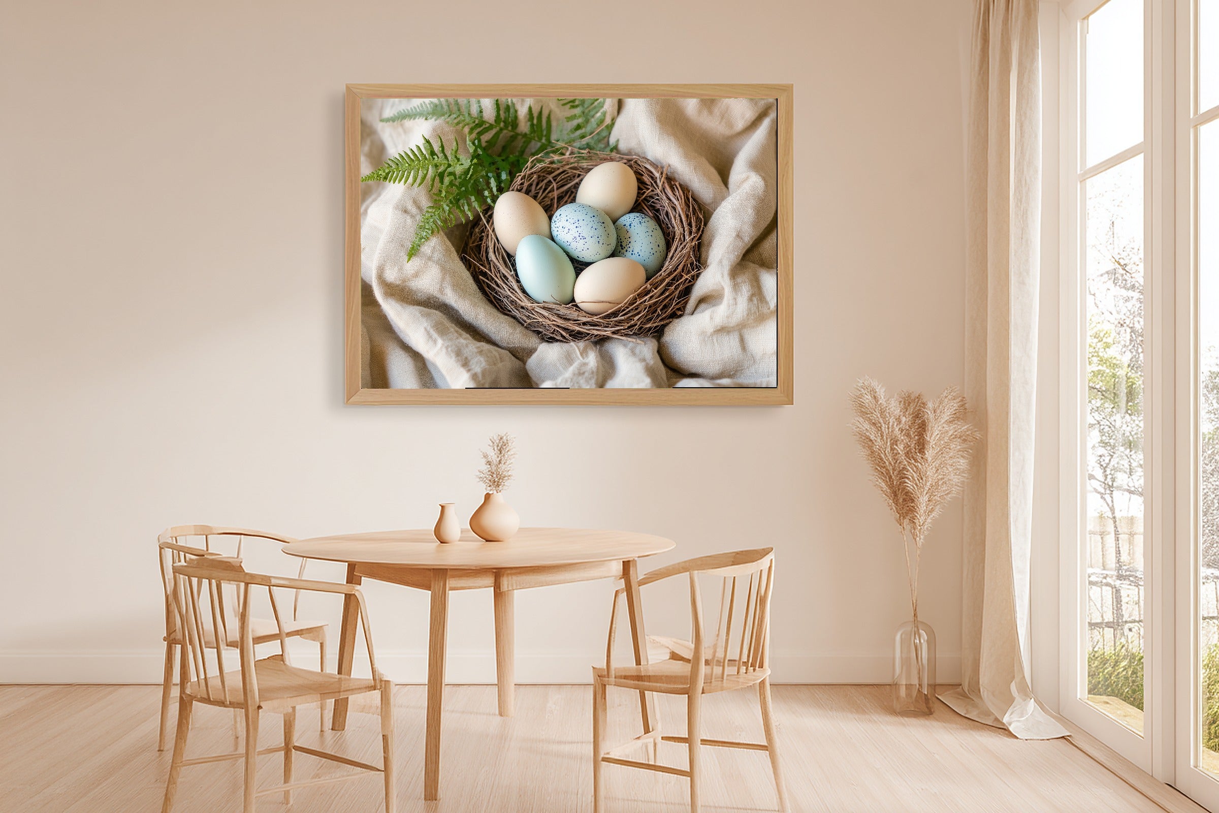 Dreamy Seaside Easter Speckled Eggs Nest Painterly Canvas Wall Art — Soft Tidal Print for the Beach House — easter-speckled-eggs-nest-painterly-dining-room-wall-art.jpg