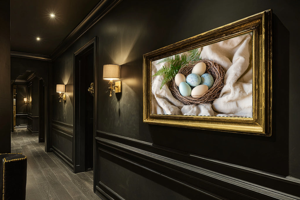 Dreamy Seaside Easter Speckled Eggs Nest Painterly Canvas Wall Art — Soft Tidal Print for the Beach House — easter-speckled-eggs-nest-painterly-hallway-wall-art.jpg