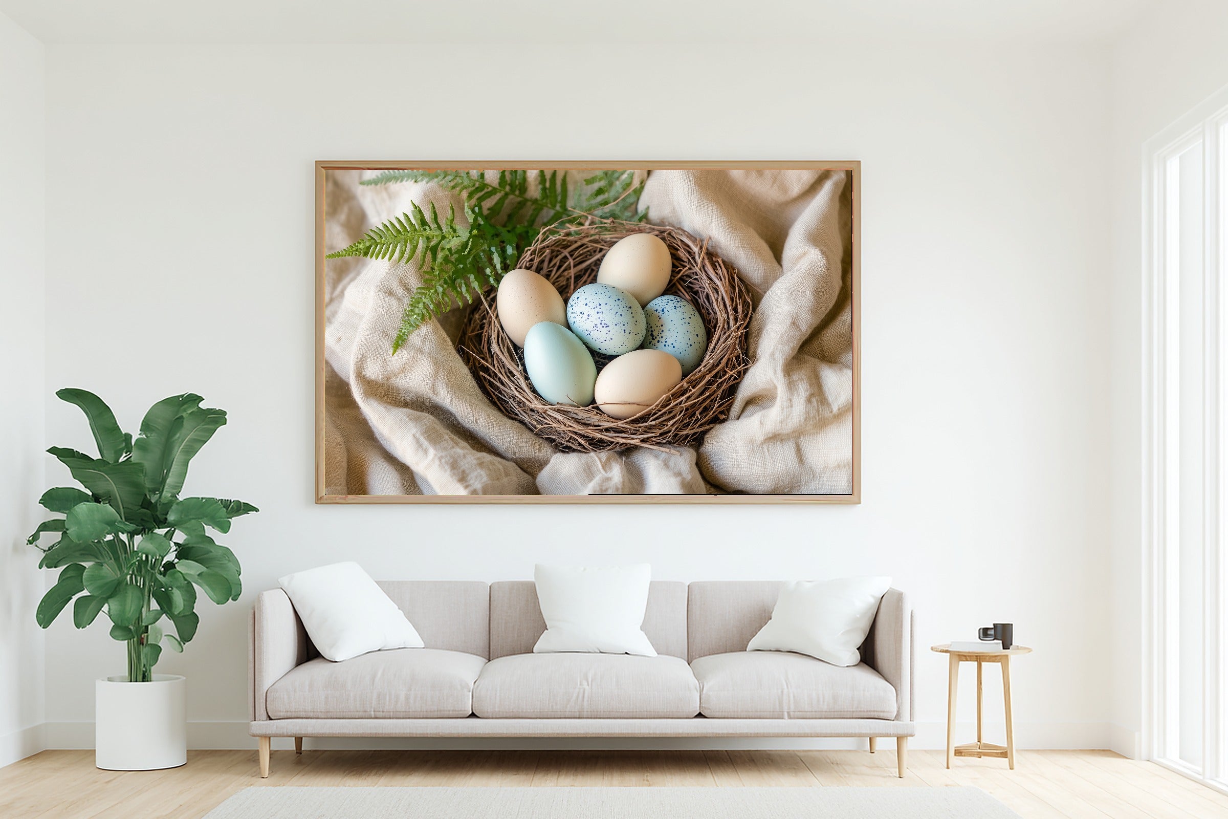 Dreamy Seaside Easter Speckled Eggs Nest Painterly Canvas Wall Art — Soft Tidal Print for the Beach House — easter-speckled-eggs-nest-painterly-living-room-wall-art.jpg
