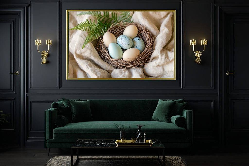 Dreamy Seaside Easter Speckled Eggs Nest Painterly Canvas Wall Art — Soft Tidal Print for the Beach House — easter-speckled-eggs-nest-painterly-office-wall-art.jpg