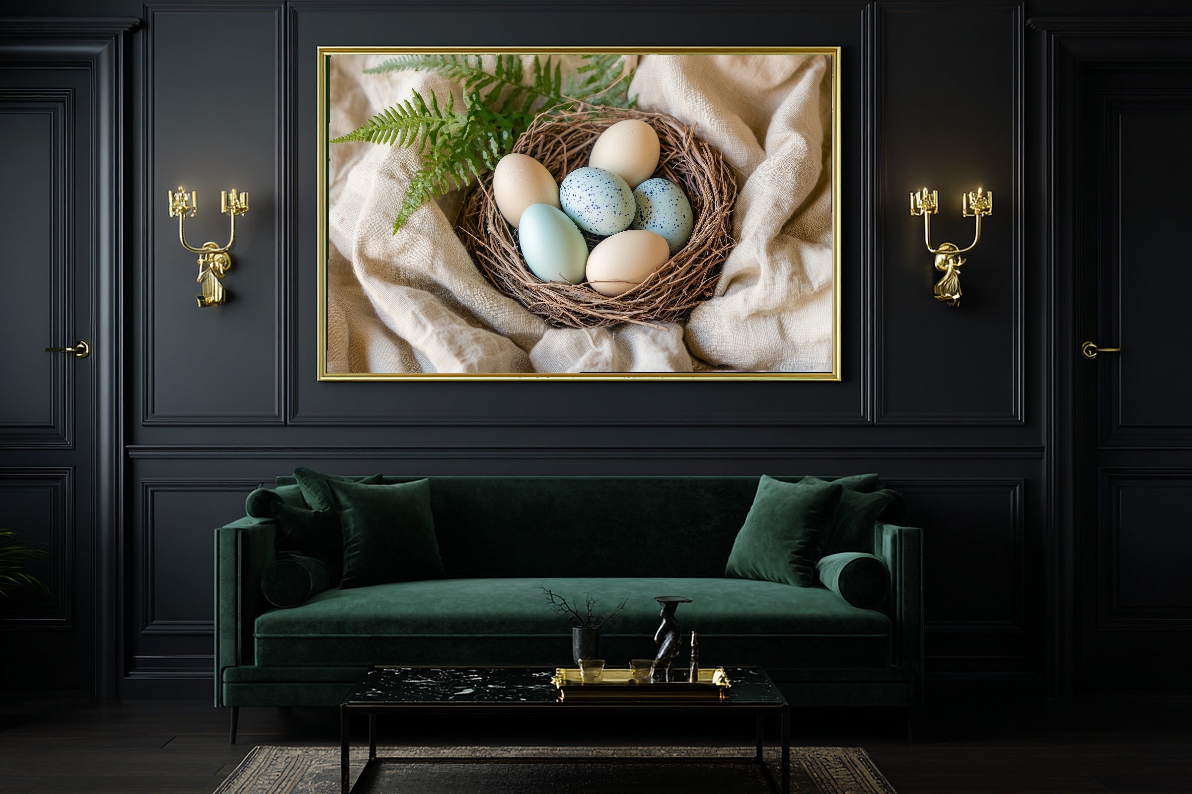 Dreamy Seaside Easter Speckled Eggs Nest Painterly Canvas Wall Art — Soft Tidal Print for the Beach House — easter-speckled-eggs-nest-painterly-office-wall-art.jpg