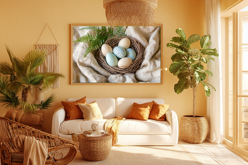 Dreamy Seaside Easter Speckled Eggs Nest Painterly Canvas Wall Art — Soft Tidal Print for the Beach House — easter-speckled-eggs-nest-painterly-room-5-wall-art.jpg