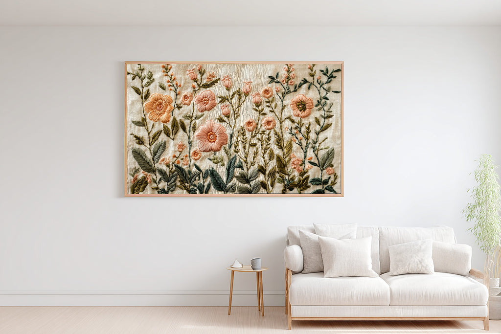 Embroidered Garden Cream Linen Canvas Print, Soft Meadow Print Home Decor, Reading Nook Centerpiece, Ready to Hang — embroidered-garden-cream-linen-bedroom-wall-art.jpg