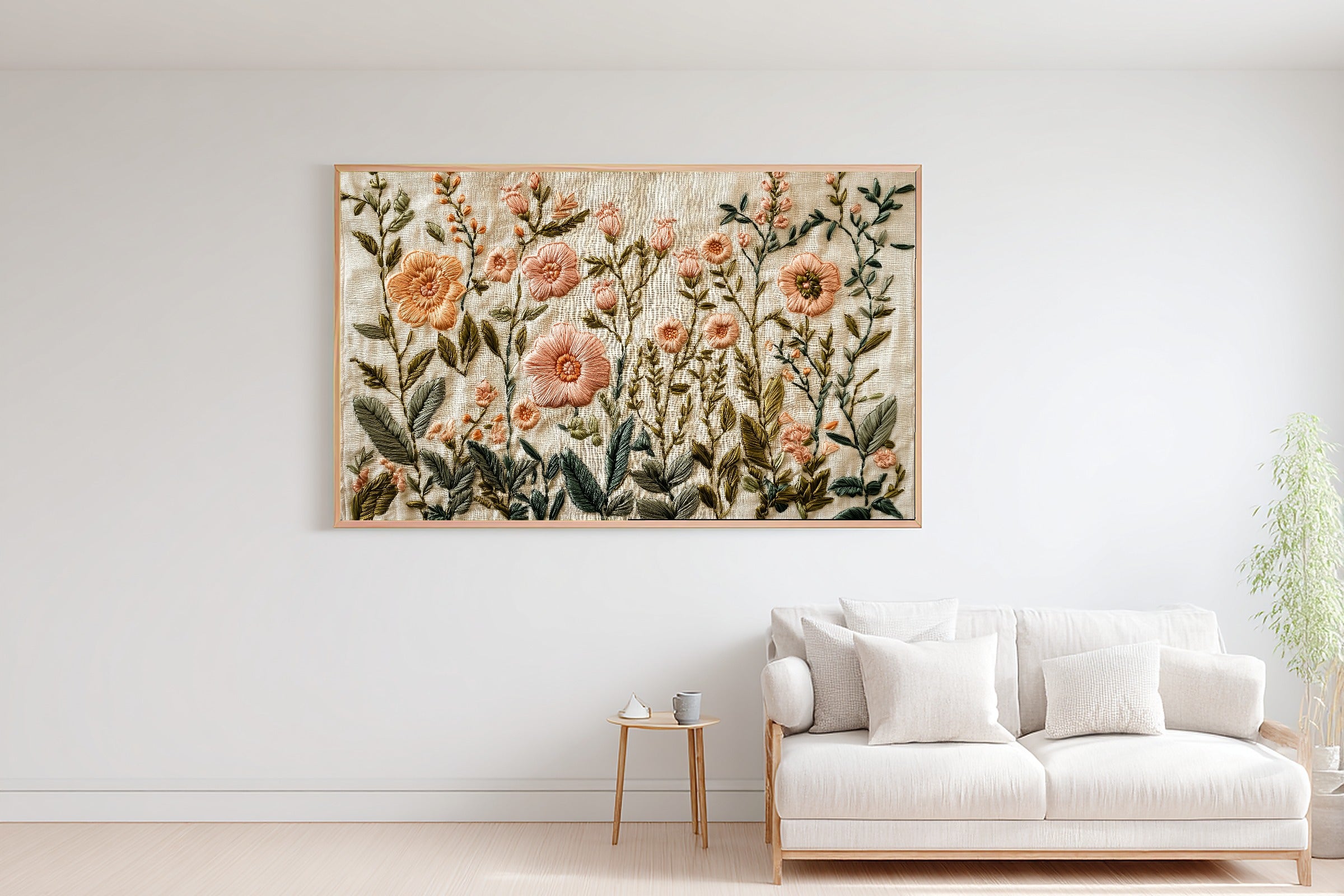 Embroidered Garden Cream Linen Canvas Print, Soft Meadow Print Home Decor, Reading Nook Centerpiece, Ready to Hang — embroidered-garden-cream-linen-bedroom-wall-art.jpg