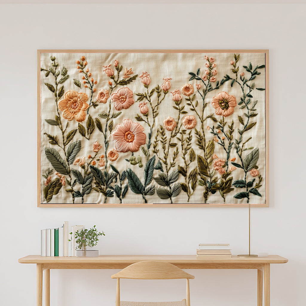 Embroidered Garden Cream Linen Canvas Print, Soft Meadow Print Home Decor, Reading Nook Centerpiece, Ready to Hang — embroidered-garden-cream-linen-canvas-print.jpg