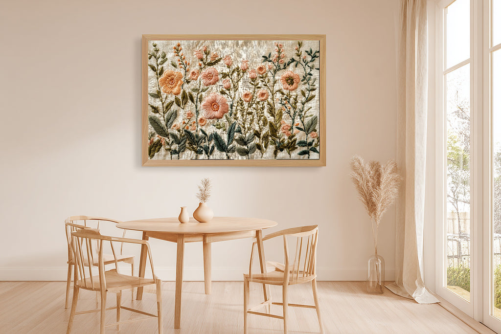 Embroidered Garden Cream Linen Canvas Print, Soft Meadow Print Home Decor, Reading Nook Centerpiece, Ready to Hang — embroidered-garden-cream-linen-dining-room-wall-art.jpg