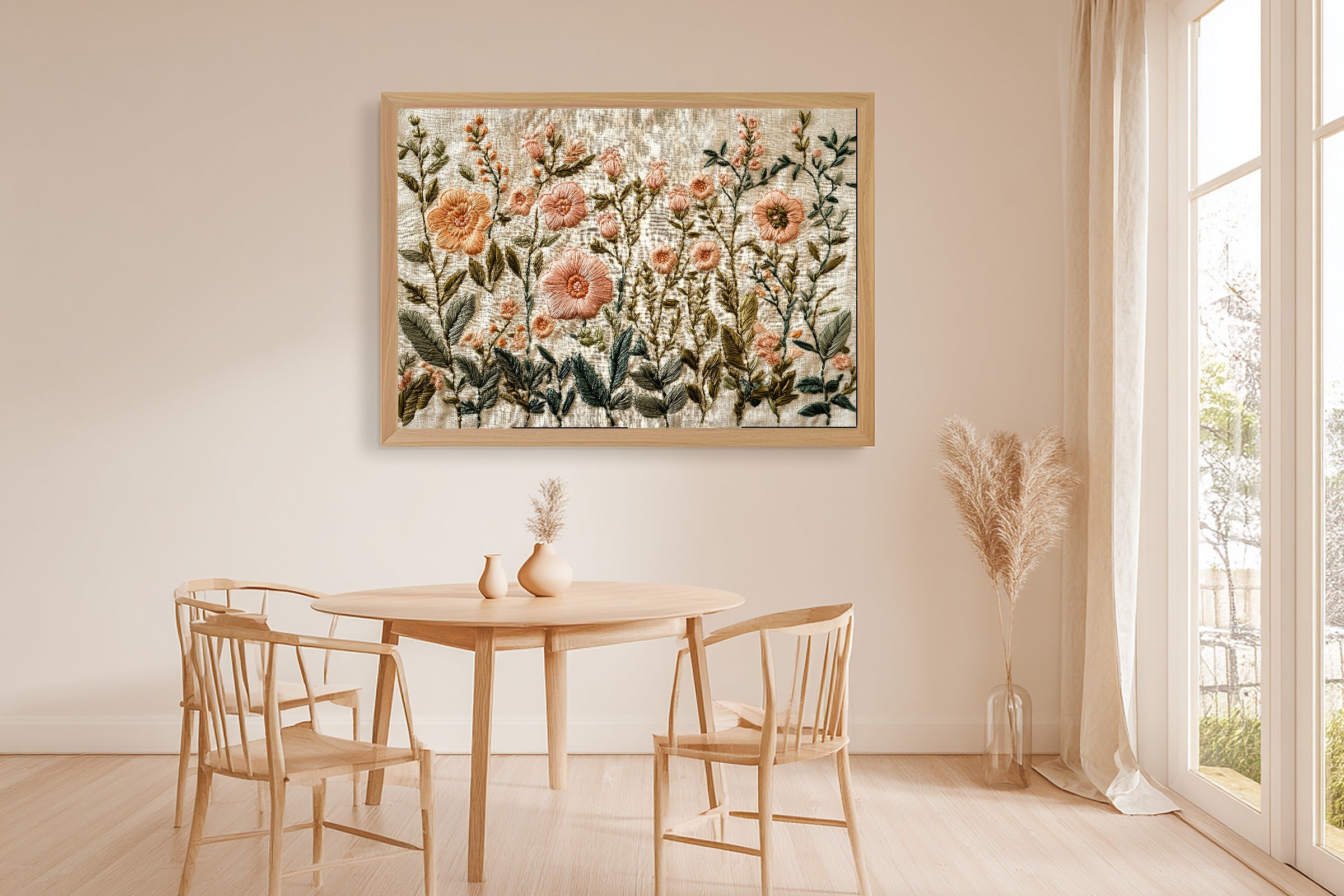 Embroidered Garden Cream Linen Canvas Print, Soft Meadow Print Home Decor, Reading Nook Centerpiece, Ready to Hang — embroidered-garden-cream-linen-dining-room-wall-art.jpg